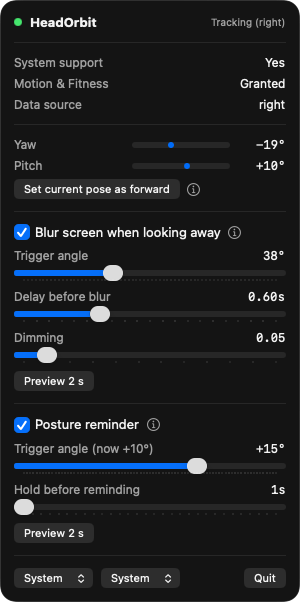 HeadOrbit menu bar panel